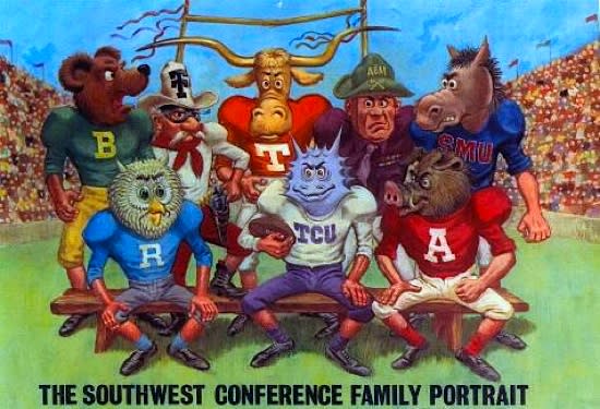 Comic illustration of Southwest Conference Family Portrait, featuring each of the school mascots